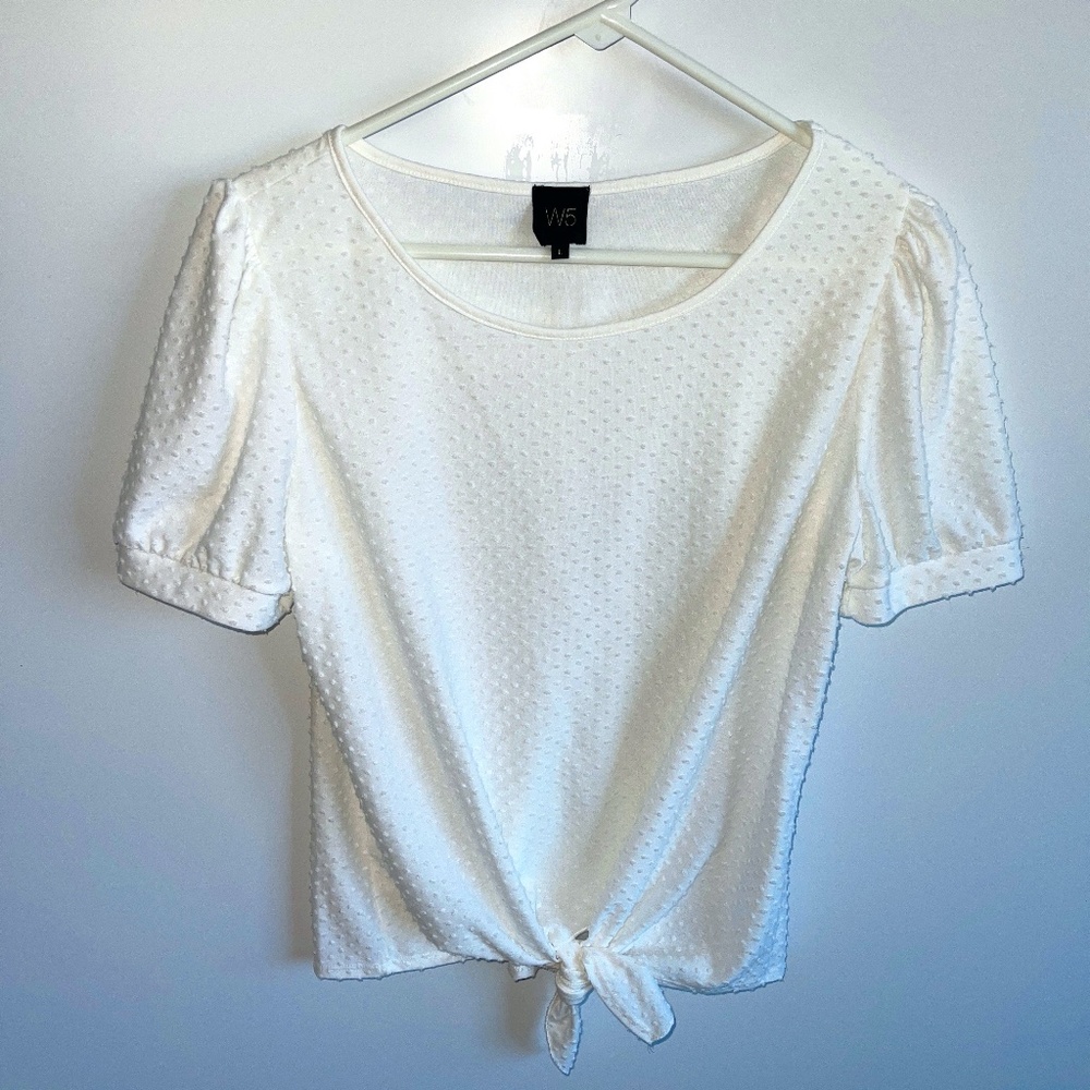 Anthropologie W5 Swiss‎ Dot White short Sleeve Tie hem shirt Size L